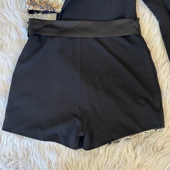 Miss Circle Skylynn Sequin Black Blazer Romper Belted Cut Out Sparkle Dress - Picture 12 of 16